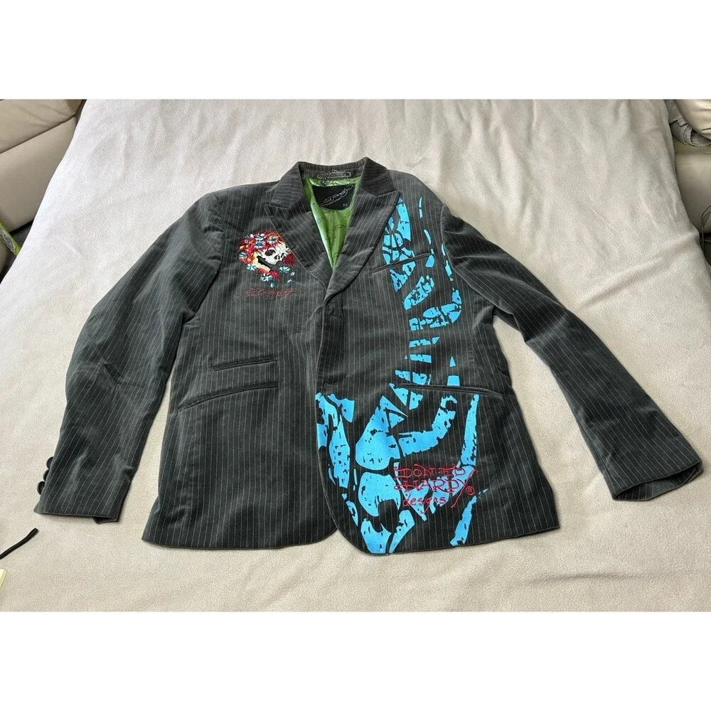 Ed Hardy Christian Audigier Suit Jacket Blazer Black Velvet Embroidered Size XL